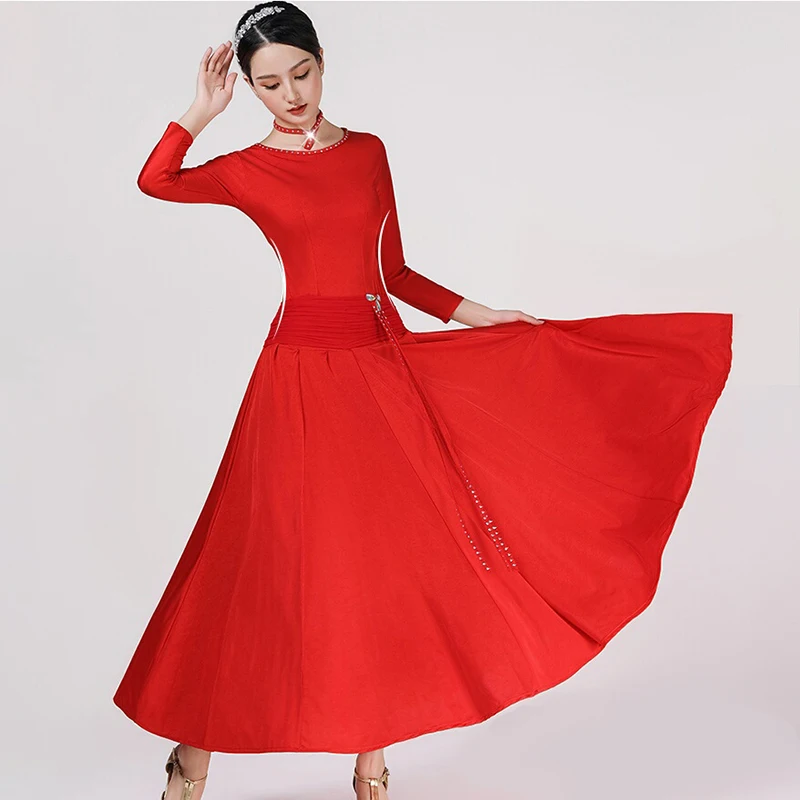 

New Modern Dress dress Women's Grand Skirt Sticking Diamond Performance Dress National Standard Dance Practice Dress Red