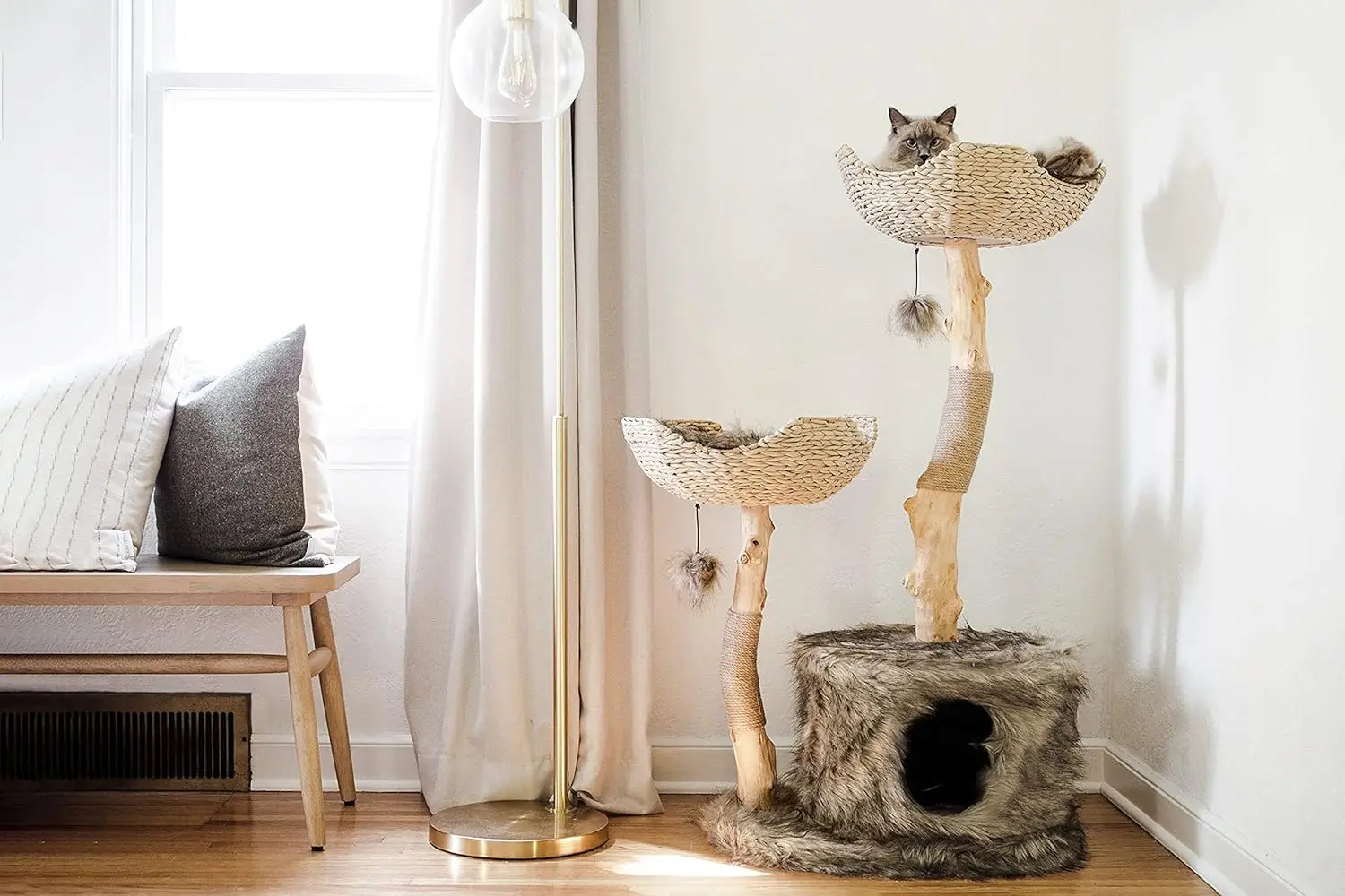 Modern Cat Tree Tower For Large Cats, Real Branch Luxury Wood Cat Tower, Cat Scratching Tree