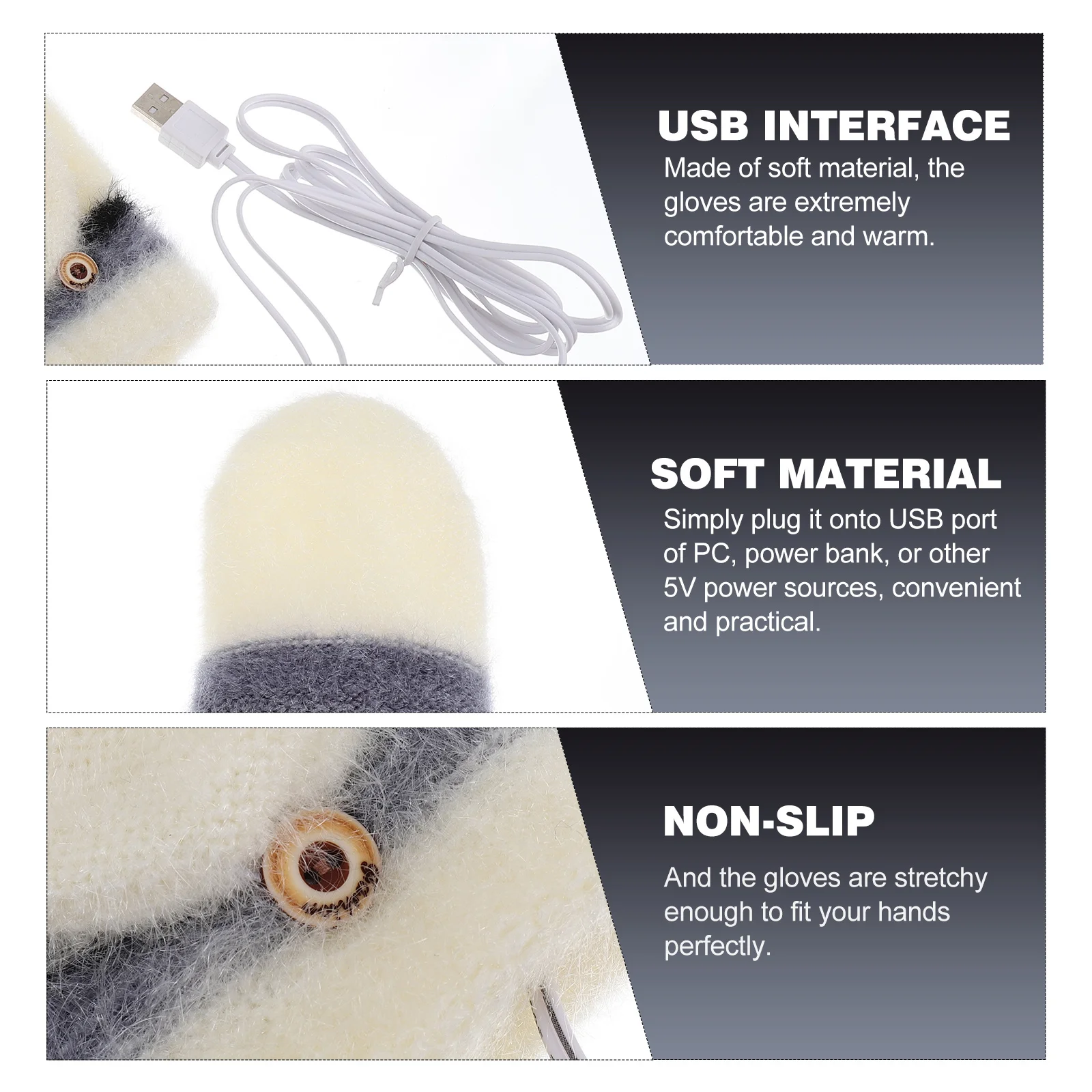 

1Pair Double Sided Heated Gloves Knit Warmth Flexible Half Finger Design for Computer Work Study USB Rechargeable