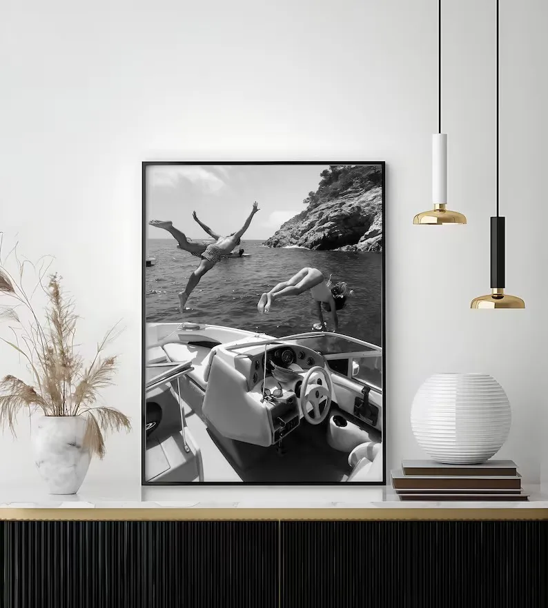 Black&White Seascape Surfer Beach Girl Luxury Summer Chic Photography Poster Canvas Painting Wall Art Pictures Home Decor