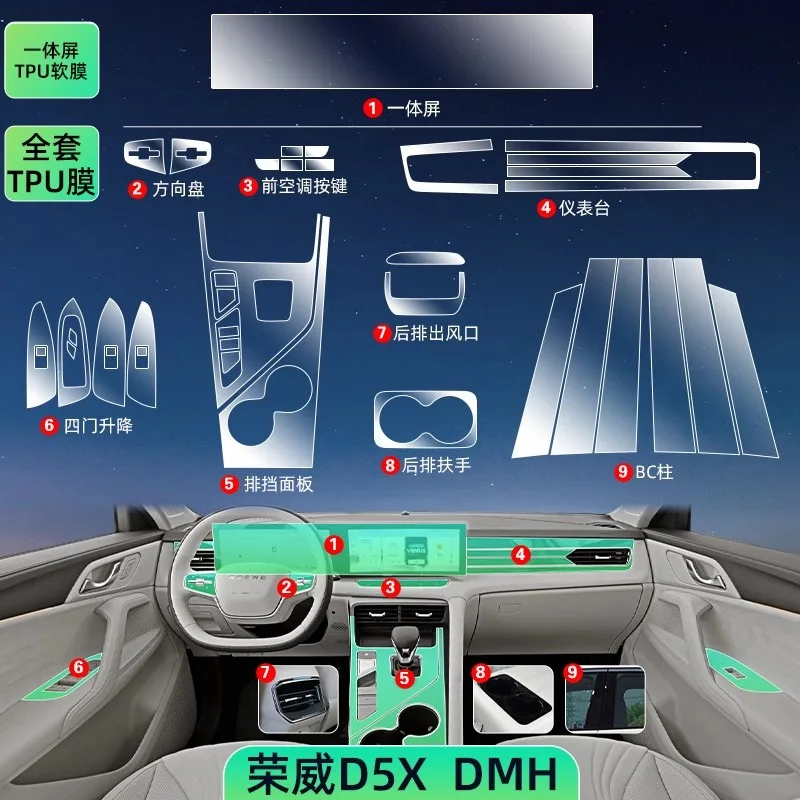 Tpu Transparent Film for 2024 ROEWE D5X DMH Car Interior Sticker Console Dashboard Screen Protective Film Car Decor Accessories