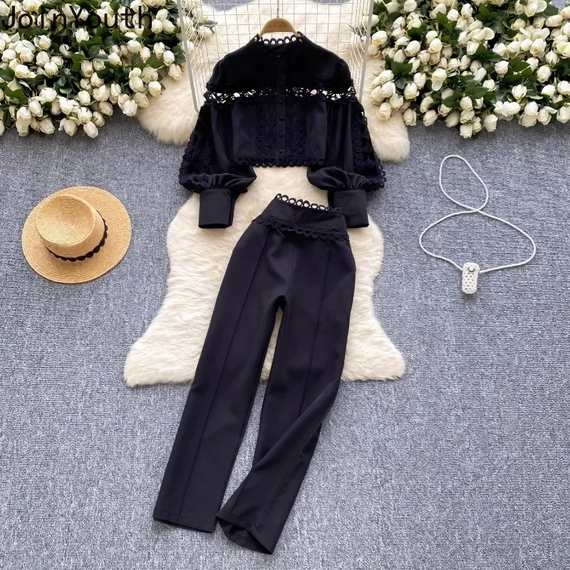 Temperament Women\'s Clothing Two Piece Sets Pants Outfits Hollow Out Lantern Sleeve Crop Shirt High Waist Straight Pants Suit