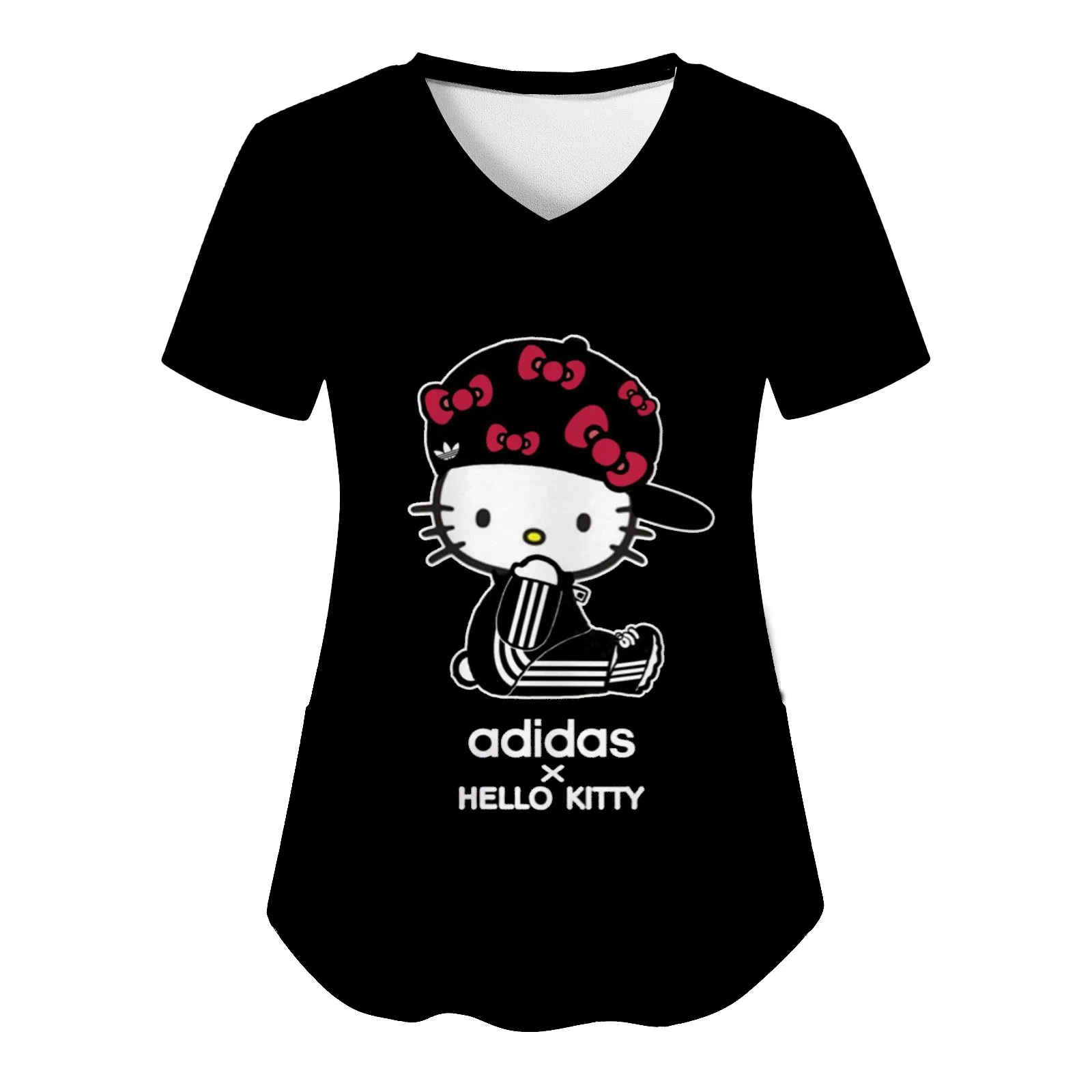 

Woman Nurse Uniform Sanrio Hello Kitty T-shirt Fashion Trendy Pocket Streetwear Y2k Clothes V Neck Top Women Animal Kawaii Neck