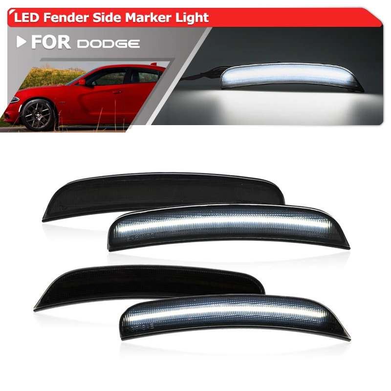 4PCs Fits For 2015-2023 Dodge Charger Smoked White LED F&R Bumper Fender Side Marker Lights OEM: 68214126AA 68214127AA