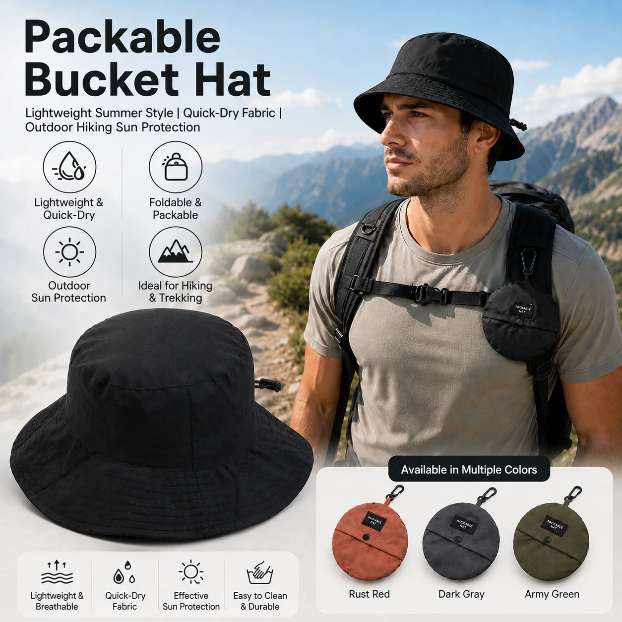 Packbarer Fischerhut, schnell trocknend, Sommer-Sonnenschutz, breite Krempe, Fischerhut für Männer und Frauen, faltbar, für Outdoor, Wandern, Camping, Reisen