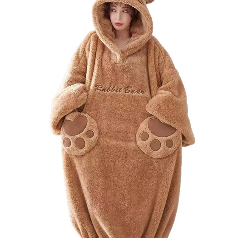 

Winter Brown Super Large Size Loose Nightgown Raglan Long Sleeve Hooded Capibara Animal Night Robe Oversized Blanket Pajamas
