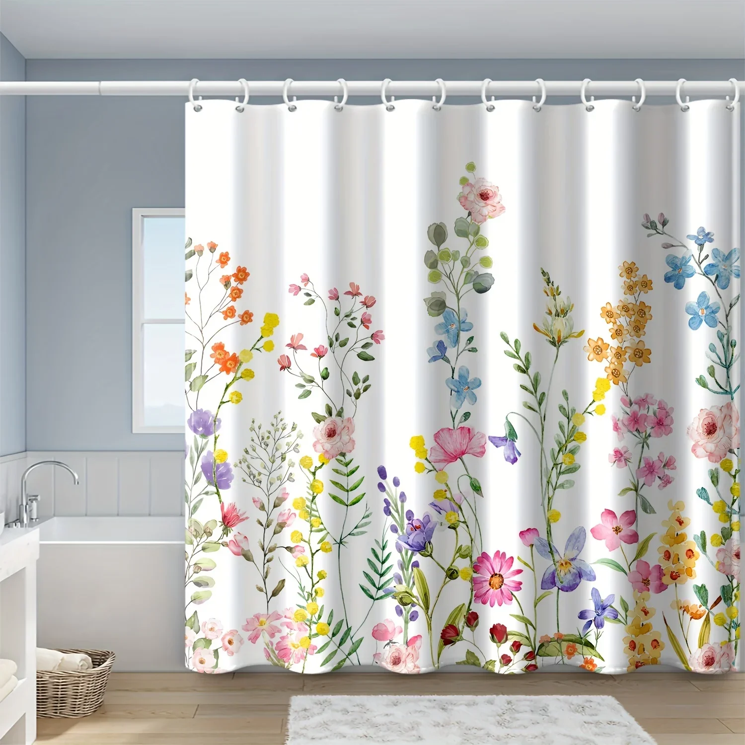 

~O~1pc 180x180cm Water-Resistant Floral Shower Curtain - Polyester, 12 Hooks, All-Season, Machine Washable, Flower Pattern