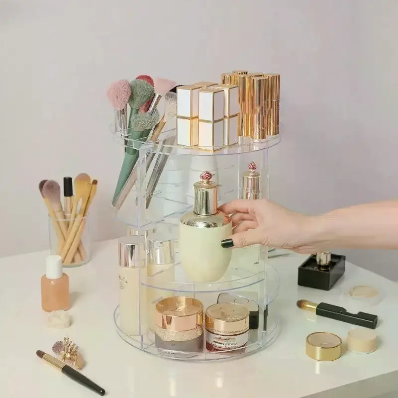 

Rotating Makeup Organizer Cosmetic Display Case With Brush Holder Perfume Tray Storage Carousel For Vanity Bathroom Countertop