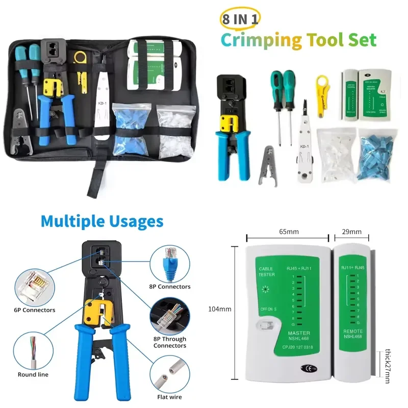 All-in-One Network Maintenance Kit RJ11/RJ12/CAT5/CAT6/Cat5e Crimping Tool with LAN Cable Tester Telecom Repair Tool Kit