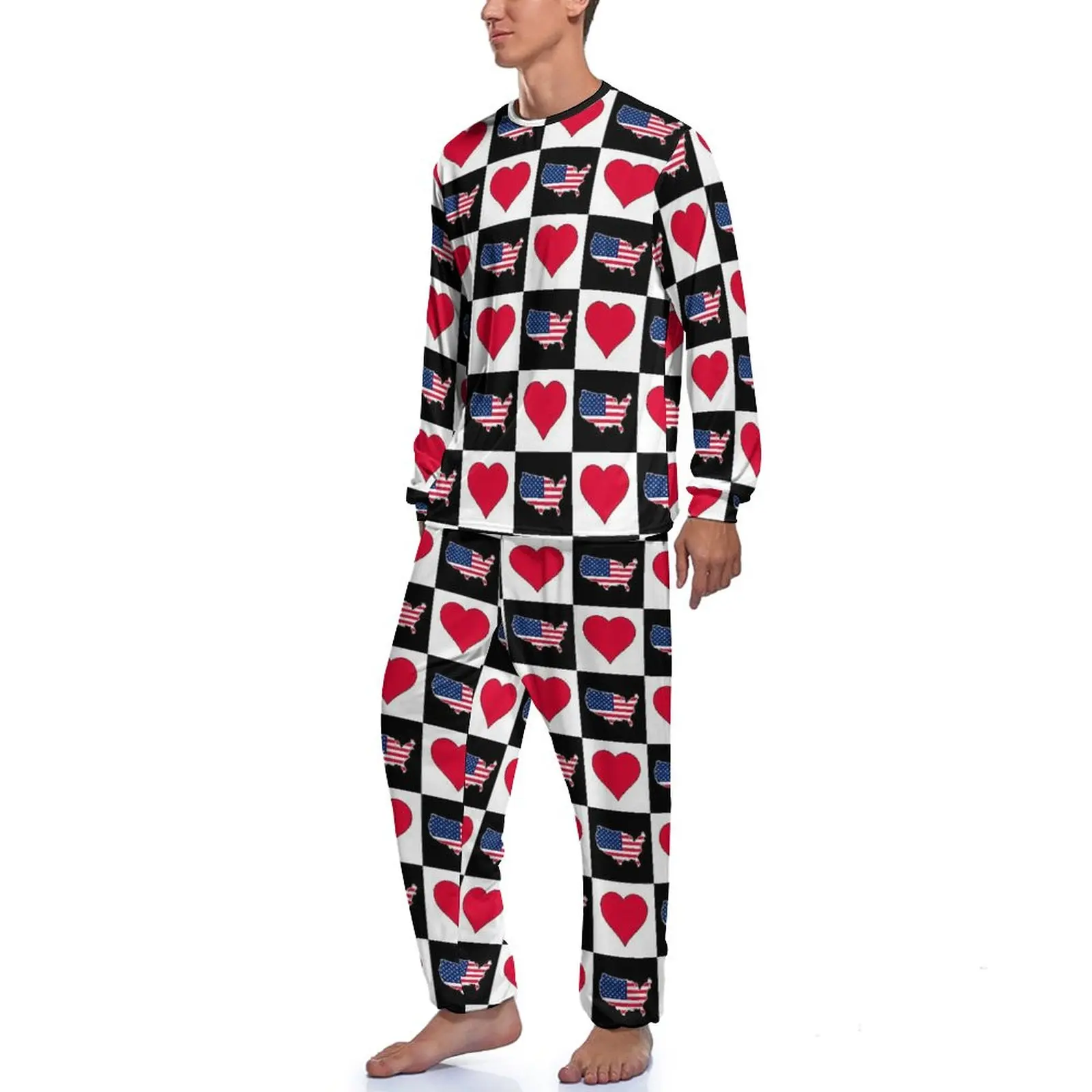 American Flag Map Pajamas Long-Sleeve Hearts Checkered 2 Pieces Sleep Pajama Sets Spring Male Custom Cute Nightwear