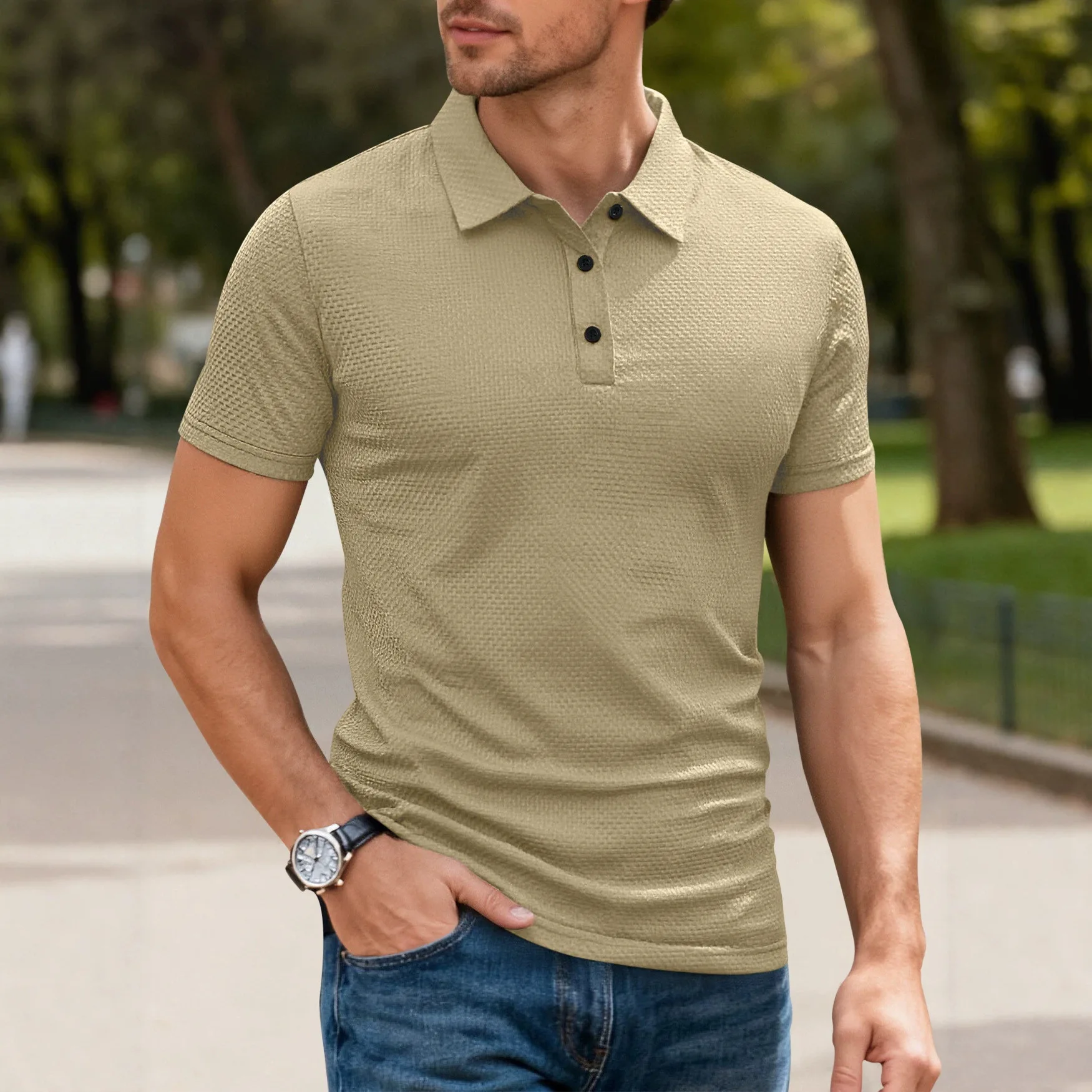 Men's Waffle Textured Polo Shirt Short Sleeve Turn‑Down Collar 3‑Button Casual Business Summer Tops