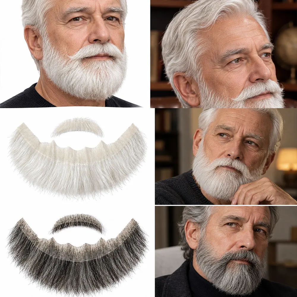 Men's Fake Beard with Mustache Hand Tied Lace Facial Hair Set in Straight Texture for Halloween Costumes and Stage Makeup