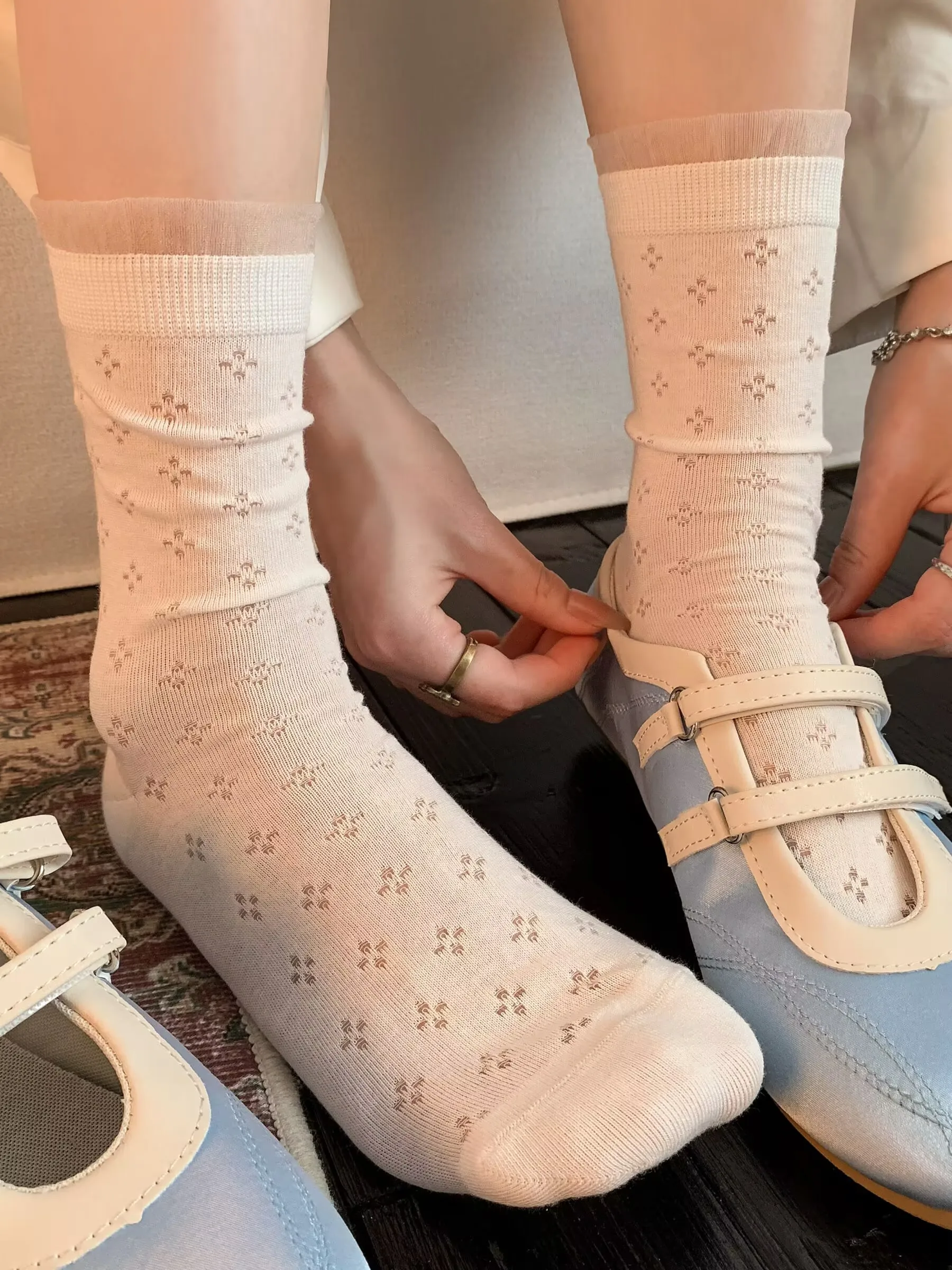 

White Lace Trim Mid-Calf Socks for Women Thin Summer Cotton Ballet Style Polka Dot Long Socks Moisture Wicking Comfortable
