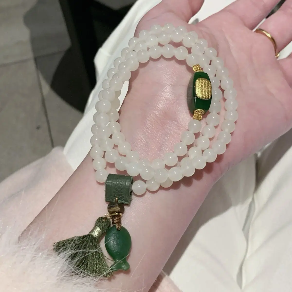 

New design Hetian jade white jade & jasper 1 chain with three circles bracelet necklace