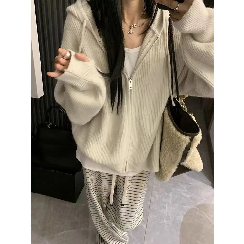 

Outerwear Polyester Casual Spring Korean Style Zipper Knitted Sweater Women's New Inner Wear Lazy New Feel Cardigan Hoodie