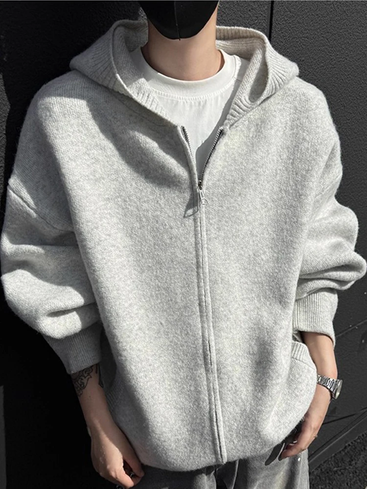 

Мужской вязаный кардиган в стиле ретро, японский, свободный крой, базовый, однотонный, с капюшоном, осенне-зимний, универсальный, повседневный, комфортный