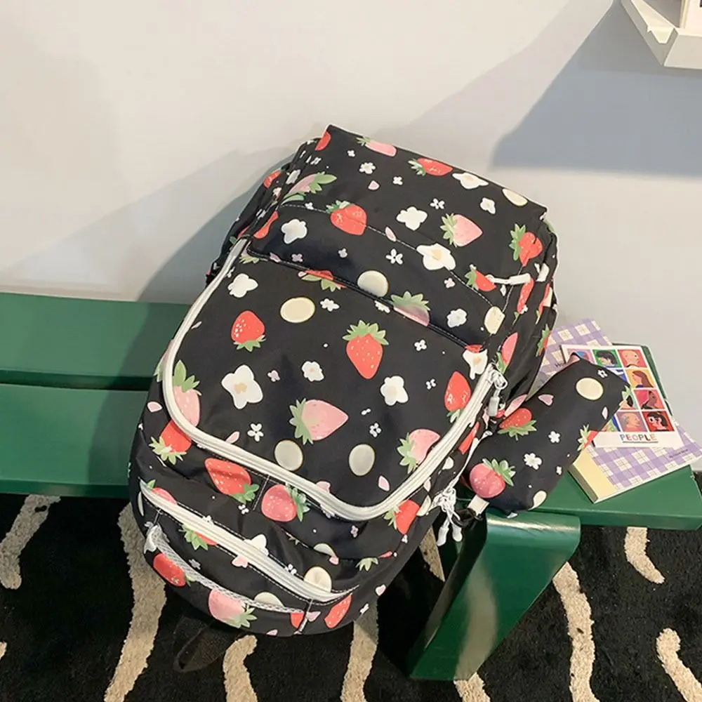 4Pcs/Set Cute Strawberry Print Backpack Large Capacity Nylon School Bag Laptop Backpack Studeng