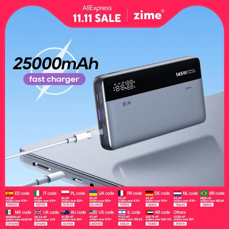 New! zime Pro 145W 25000mAh Power Bank PD Fast Charging Portable With External Battery For Macbook Pro/Air iphone Series And