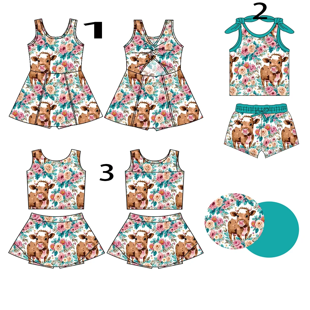 

Little Girl Clothing Matching Three-piece Set Little Yellow Cattle Floral Pattern Printed Dress Shorts Set Wholesale