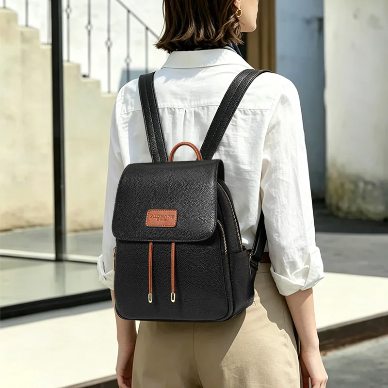 Aidrani Minimalist Style Black Top Layer Cowhide Women's Backpack, New 2026 Fashion Bag for Casual and Travel Use