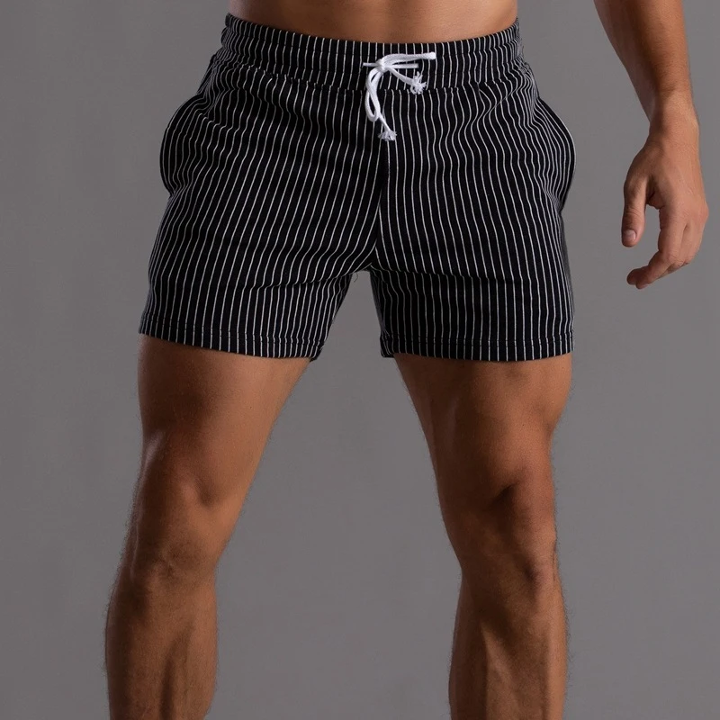 New Casual Striped Print Mens Slim Shorts Summer Fashion Drawstring Lace-up Short Pant Vintage Men Beach Style Shorts Streetwear