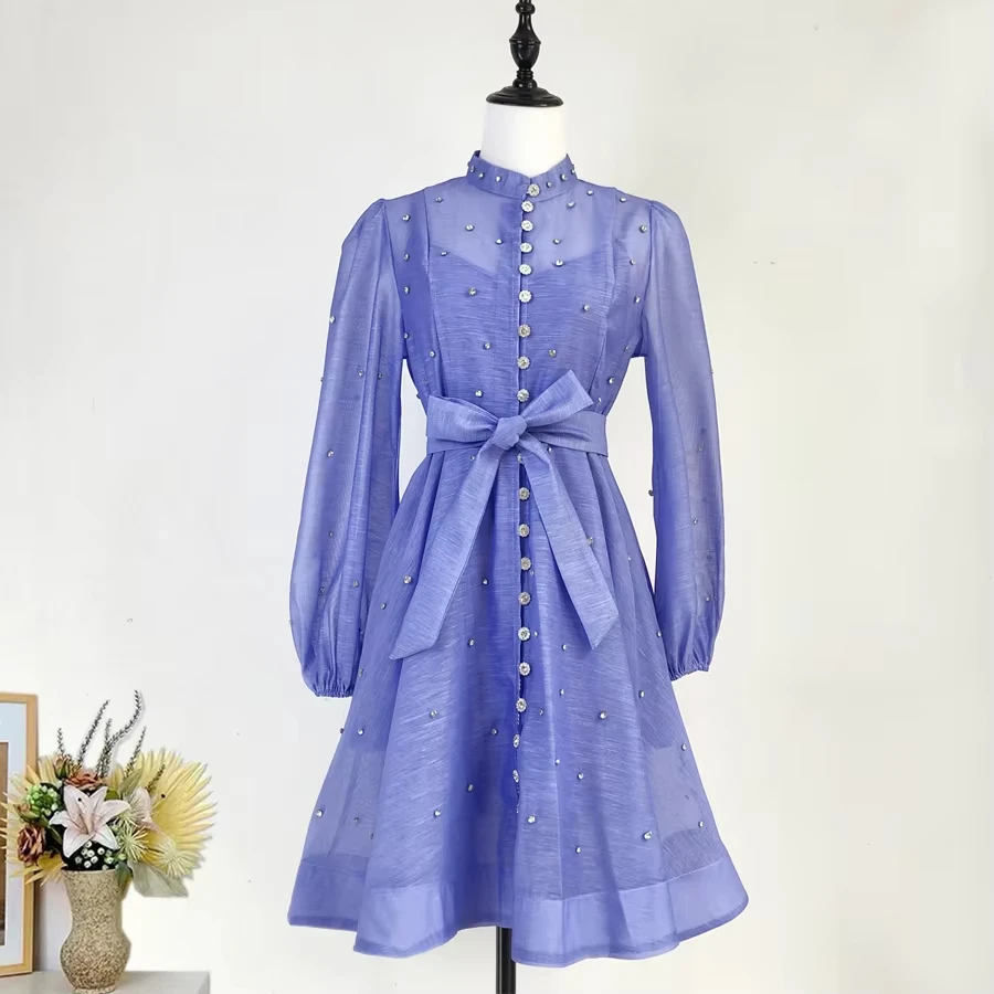 Abito da donna in maglia da ballo di fine anno con perline di cristallo di lusso francese, da donna, con maniche lunghe a lanterna, bottoni con diamanti, cintura con lacci, mini abiti