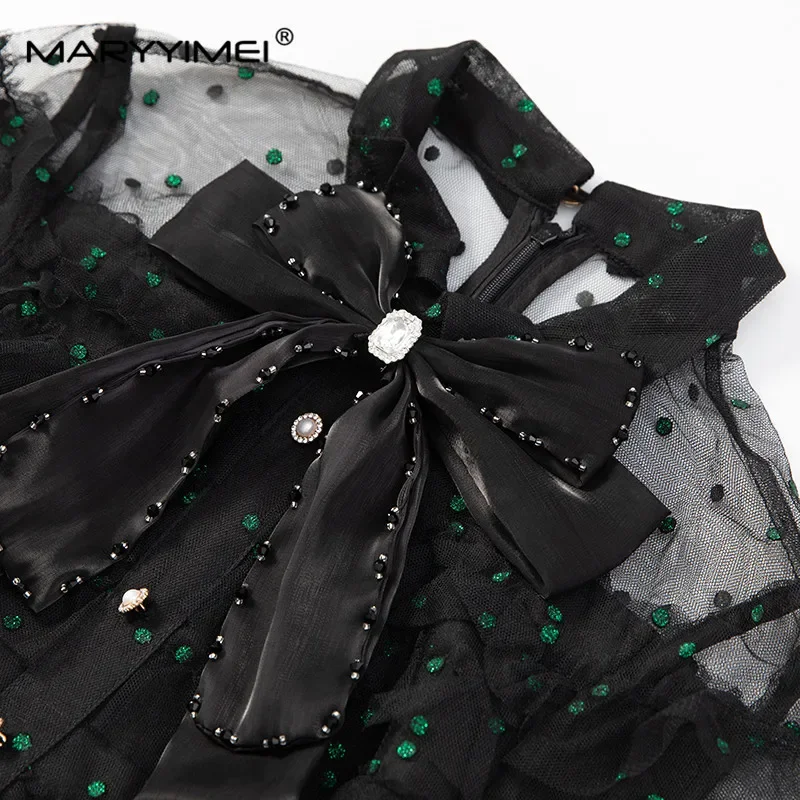 MARYYIMEI Arco Beading Botão Em Camadas Babados Vestido Feminino de Manga Curta Malha Vintage Temperamento Vestidos de Baile de Verão