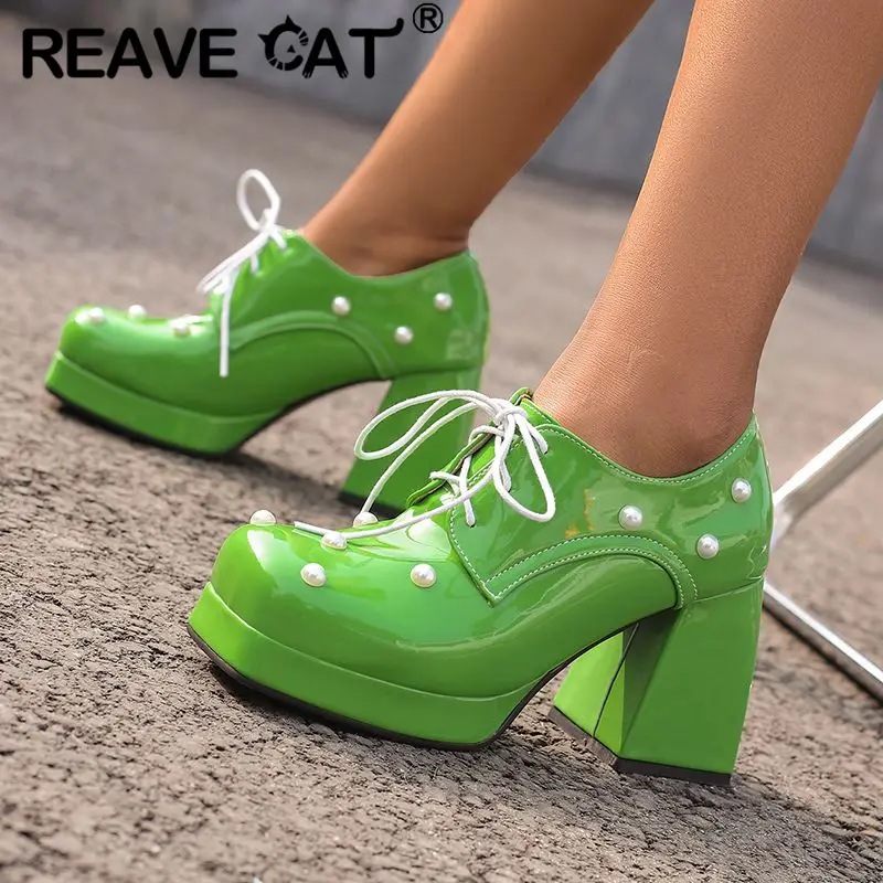 REAVE CAT Female Pumps Toe Chunky High Heels 9.5cm Platform 2cm Lace Up Beads Size 47 48 Fashion Daily Women Shoes