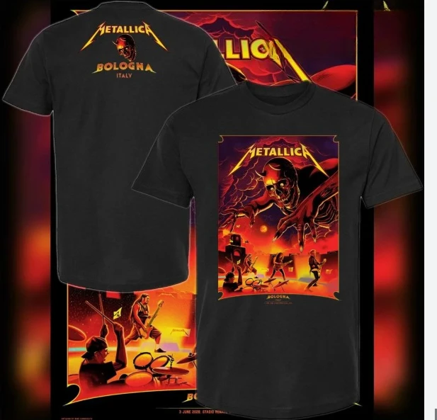 Camiseta The Demon Art de Metallica M72 Bologna Italia 2026 con diseño del póster del lugar del evento en el Stadio Renato Dall'Ara el 3 de junio, para hombre y mujer