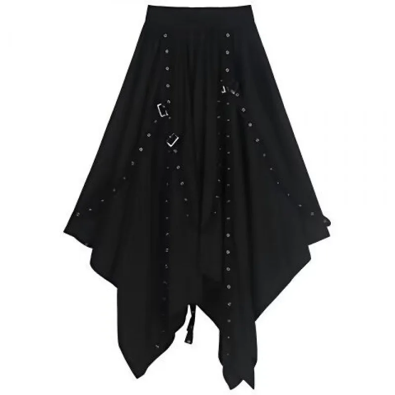 Women’s Gothic Asymmetric Midi Skirt Punk Streetwear Black Layered Design Drawstring Detail Irregular Hem Darkwear Fashion