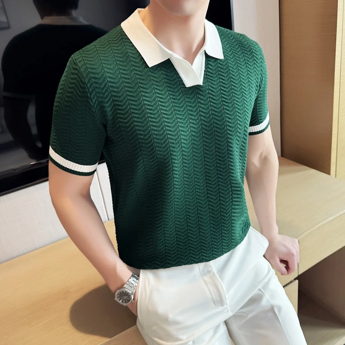 Men's High-Waist Knitted Ice Silk Shirt Short-Sleeved Cool Feeling City Walk Clean Fit  Shirt by Xunshi