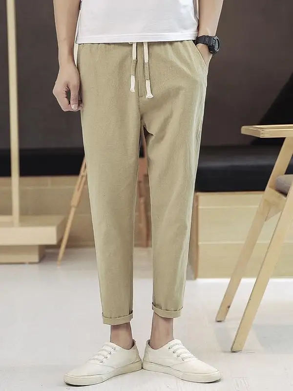 กางเกงขายาวผู้ชายผ้าฝ้ายลินินบางเบาใส่สบายทรงหลวมเอวต่ำสไตล์วัยรุ่น รุ่น Harlan 9 ชิ้น ทรงขาเรียวเล็ก