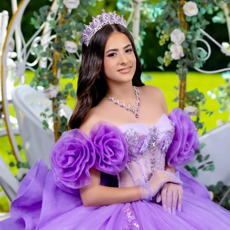 

Purple off the shoulder Quinceanera Dress crystal glitter applique 3D flower Lace vestidos de 15 Quinceanera Customized