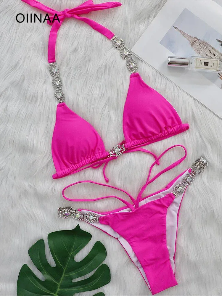 

OIINAA Sexy Swimwear Women Black Bikini Set Drawstring Bathing Suit Sparkling Diamonds Two-pieces Thong Summer Halter Biquinis