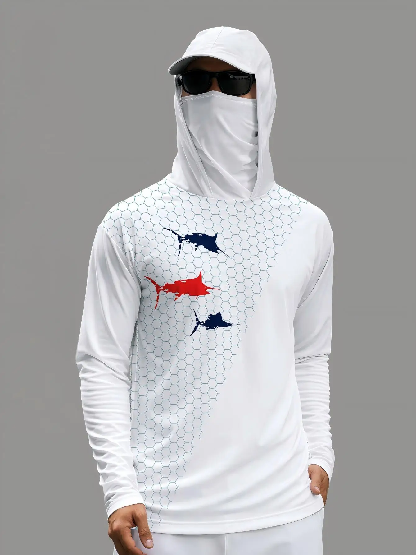 Fish-Pattern Men's Fishing Hooded Shirt with Built-In Visor Sun-Protective Quick-Drying Long-Sleeved Top