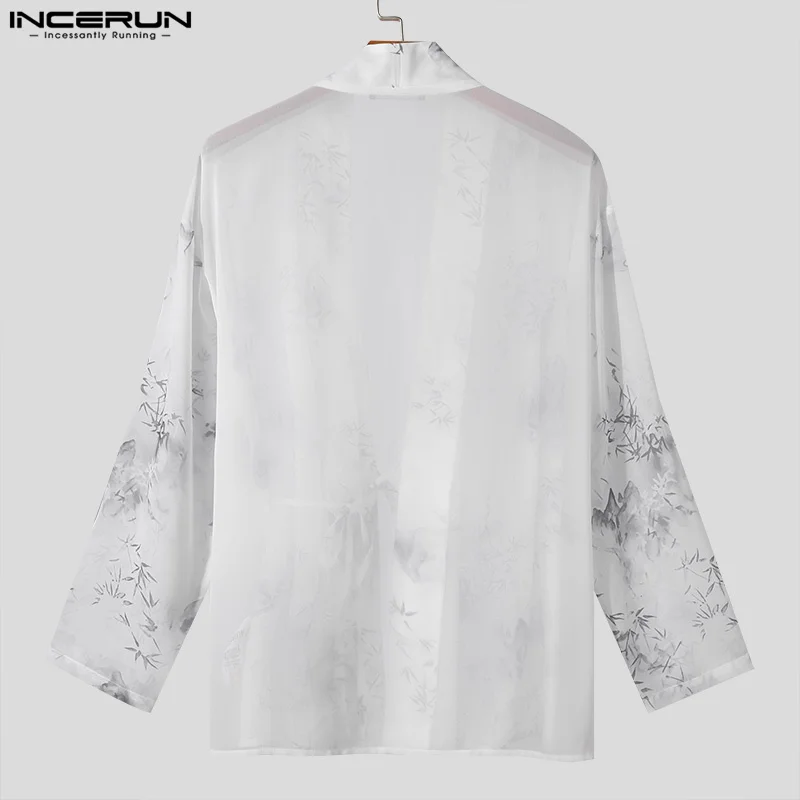 INCERUN Men Shirt Printing Lace Up V Neck Long Sleeve Loose Casual Men Clothing Streetwear 2024 Transparent Fashion Male Shirts