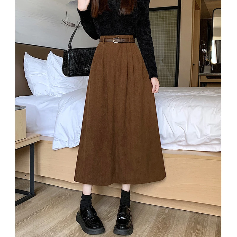 Vintage Corduroy Midi Skirts Women Korean with Belt Pleated Skirt Fall Winter Streetwear High Waist All Match A Line Skirts New