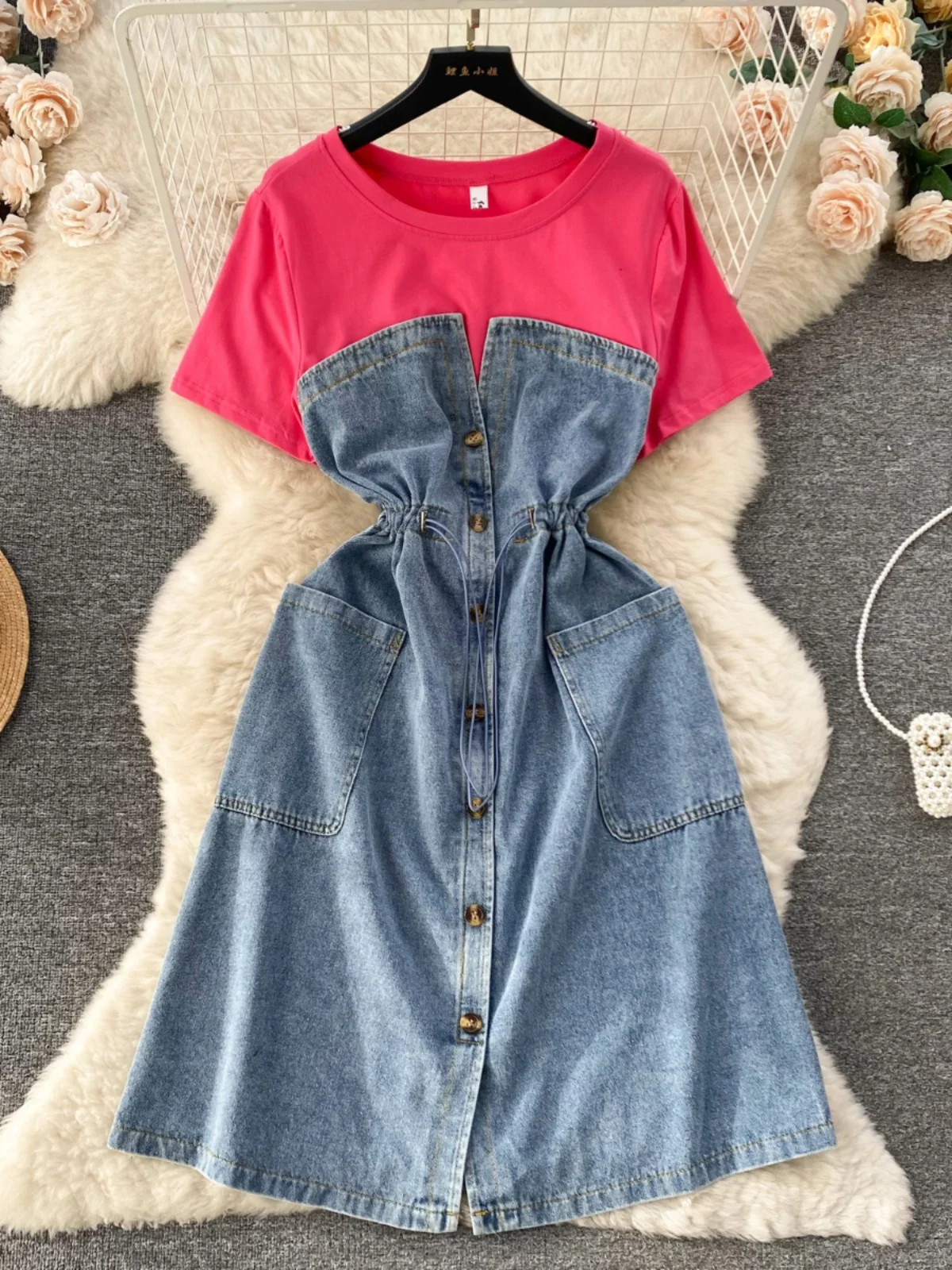 

Korean Style Denim Patchwork Dress Women Summer O-Neck Drawstring Pocket Short Sleeves Dresses Chic Elegant All-matched Skirts