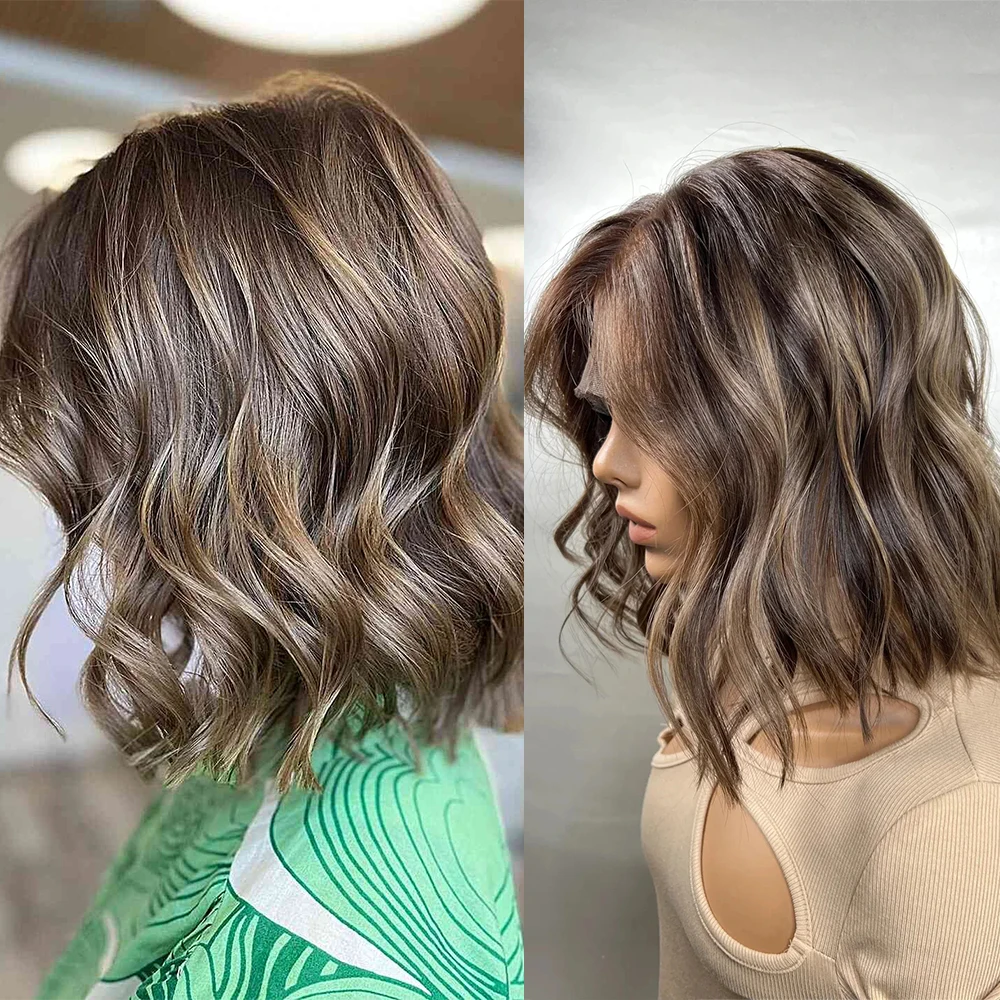 Kurze Bob-Perücke aus Synthetik mit Spitzenfront für Damen, braun-blonde Highlights, natürliche Wellen, klebefreie Perücke, vorgezupft, Futura Free Part Wig