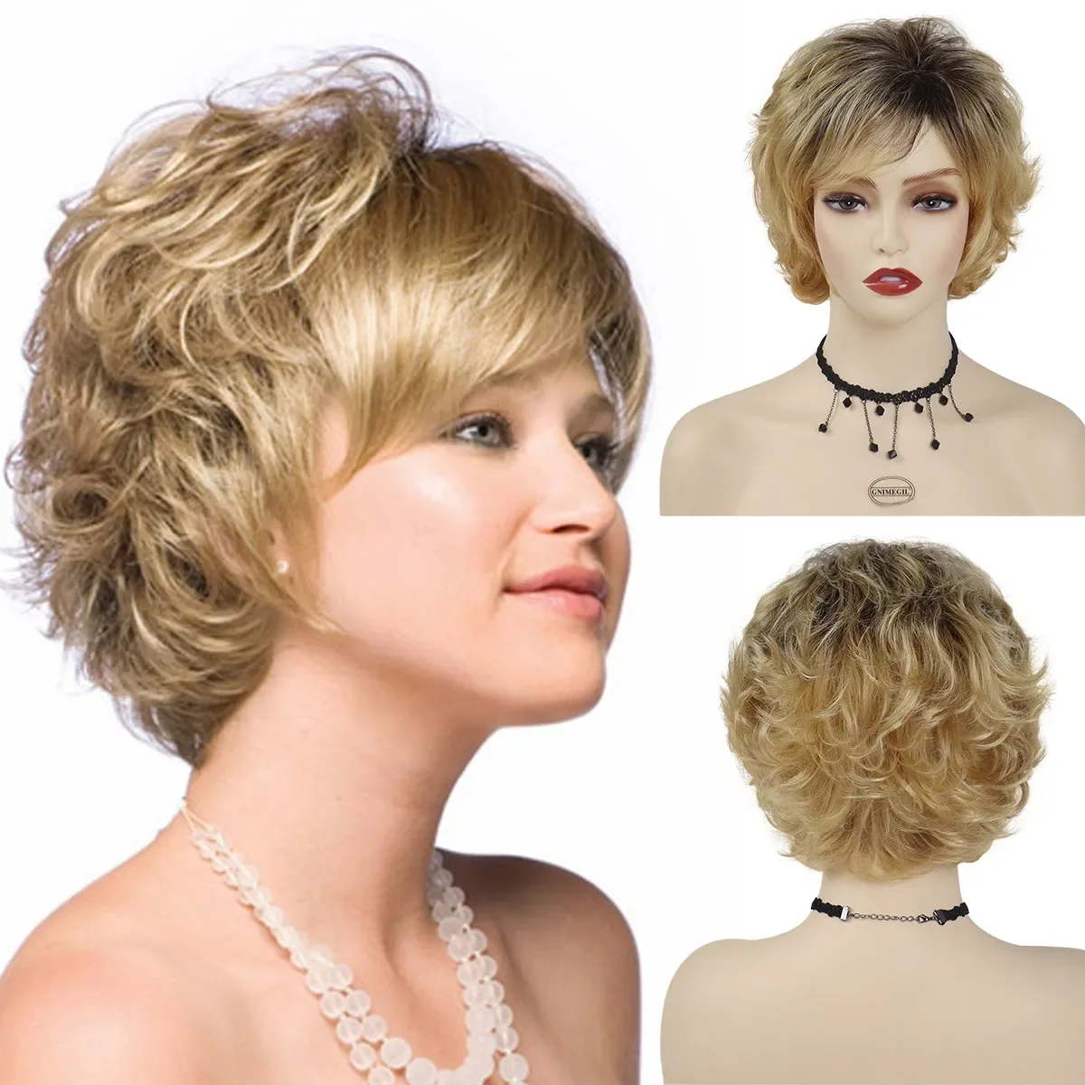 Synthetic Hair Blonde Curly Wig with Bangs Short Haircuts Wig Pixie Cuts with Black Roots Blond Wigs for Women Mother Gift Daily