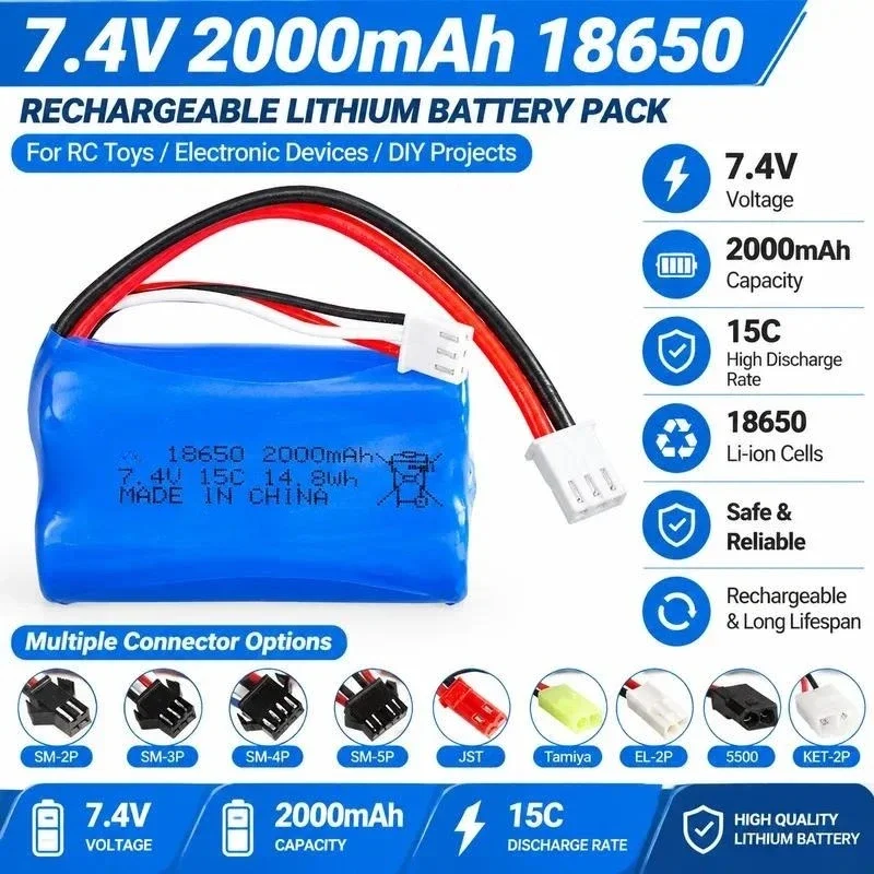 For Cylinder 18650 7.4V Lithium Battery 2000mAh High Rate 15C for Remote Control Toy Off-Road Vehicle High-Speed Car Battery