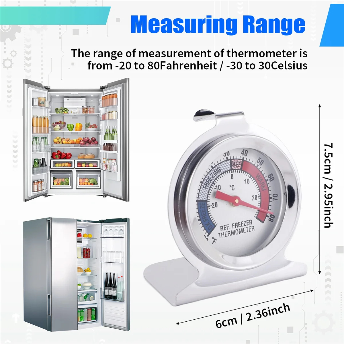 N98R 4Pc 냉장고 온도계, 빨간색 표시기 온도계 포함 냉동고 냉장고 쿨러(걸이 후크 및 스탠드 포함)