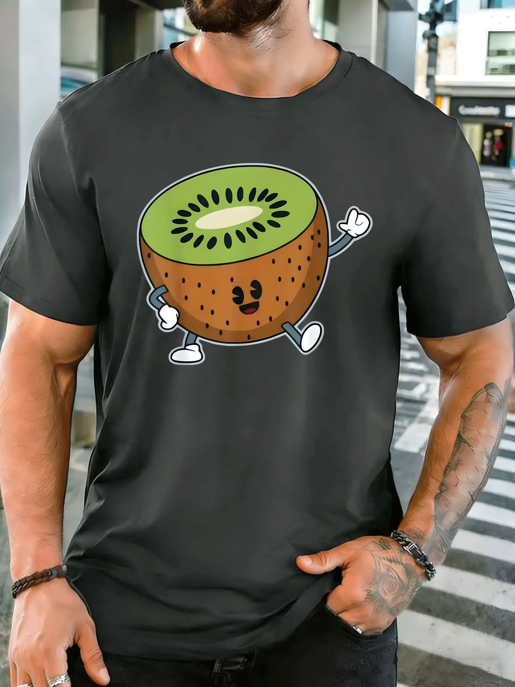 Cartoon Walking Kiwi Fruit Character Mens Front Print T Shirt Cute Fruit Graphic Tee Casual Sleeve Top Summer Fruit Lover Gift