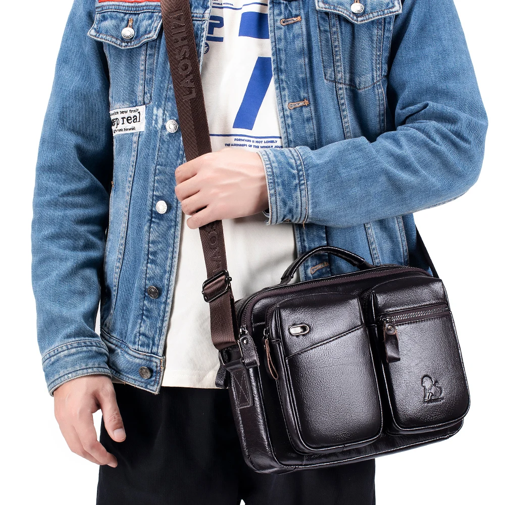 Head layer cowhide single shoulder crossbody bag for men with double layered casual leather horizontal design