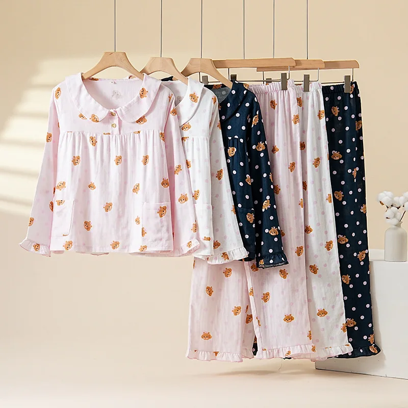 Pure Cotton Double Layer Sleepwear Suit Women's Spring/Autumn Long Sleeve Top and Bottom Set Bear Polka Dot Puff Pajama Sets