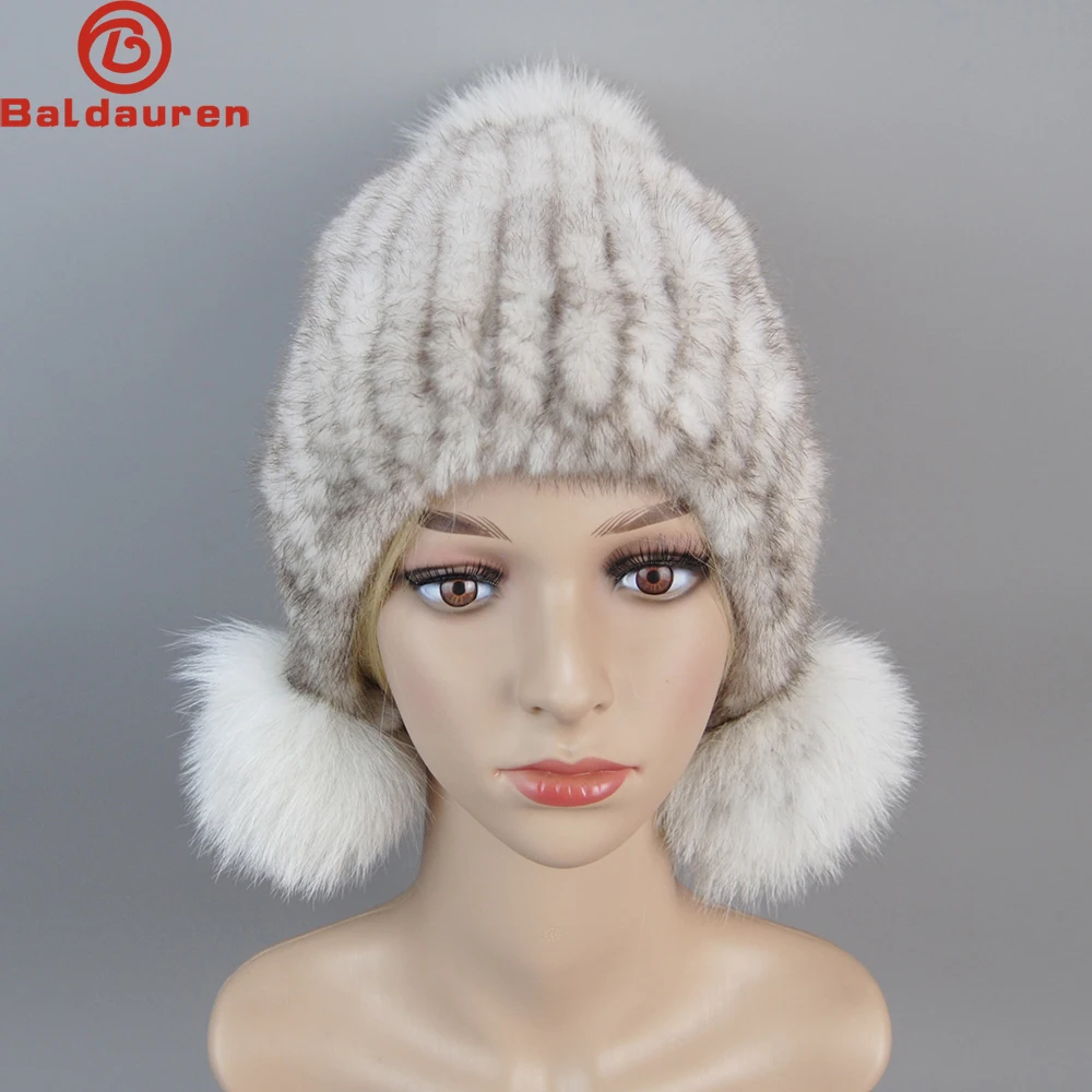 

2024 New Lovely 100% Real Mink Fur Hats Women Winter Knitted Real Genuine Mink Fur Beanies Thick Warm Real Fox Fur Pom Poms Cap