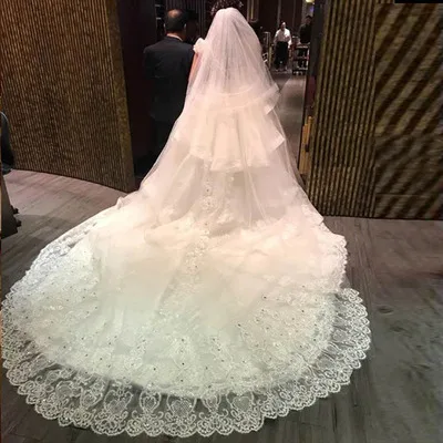 Velo de novia de 3,5 metros de largo, elegante velo de novia de encaje con apliques de borde de encaje, accesorios de boda hechos a medida