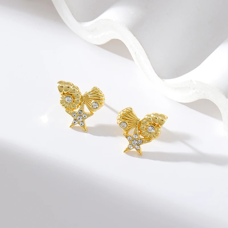 EILIECK 316L Stainless Steel Starfish Shell Zircon Stud Earrings For Women Fashion Waterproof Ear Jewelry Girls Gift Bijoux