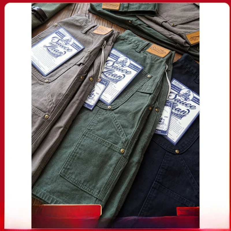 Retro Waed Canvas Workwear orts for Men Loose Fit Youthful Summer Casual Trousers Straight Leg Knee-Length Daily Wear