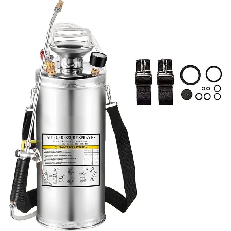 1.5Gal Stainless Steel Pump Up Sprayer Reinforced Hose, Hand Pump Sprayer with Pressure Gauge&Safety Valve